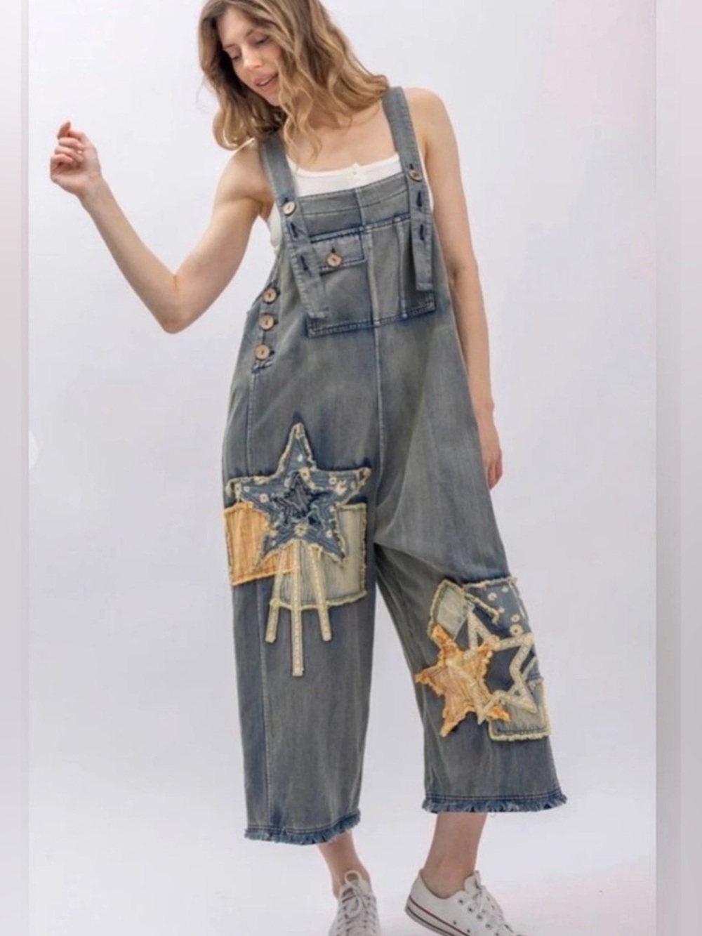 Blue Velvet Star & Peace Patchwork Denim Bib Overalls Boho Harem Wide Leg XL NWT